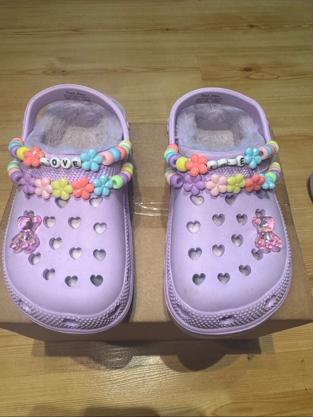 Kids Purple Heart Clogs with Beaded Flower Strap